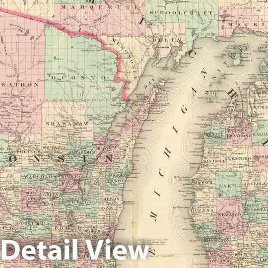 Historic Map : Johnson's Wisconsin and Michigan. Published by A. J. Johnson, New York. 68. 69, 1874 Atlas - Vintage Wall Art