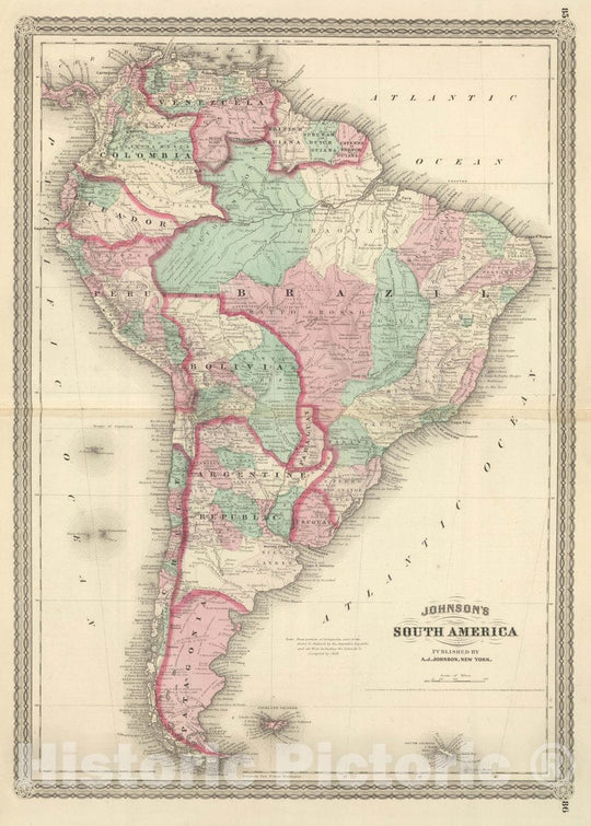 Historic Map : Johnson's South America. Published by A. J. Johnson, New York. 85. 86, 1874 Atlas - Vintage Wall Art