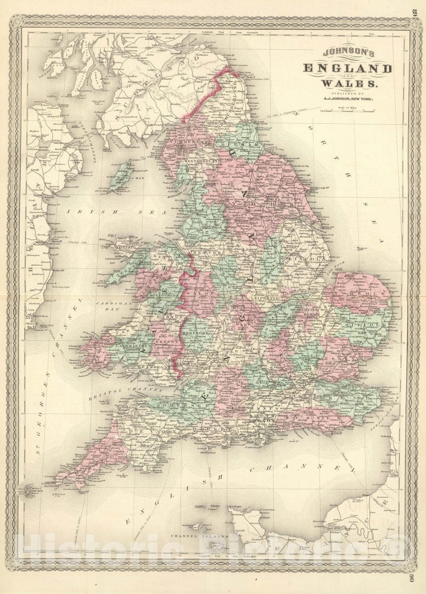 Historic Map : Johnson's England and Wales. Published by A. J. Johnson, New York. 89. 90, 1874 Atlas - Vintage Wall Art