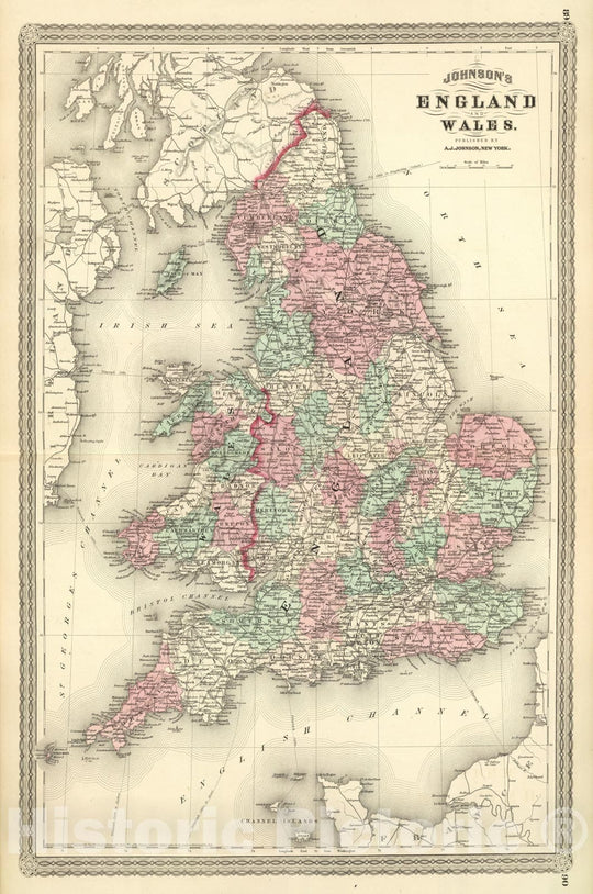 Historic Map : Johnson's England and Wales. Published by A. J. Johnson, New York. 89. 90, 1874 Atlas - Vintage Wall Art