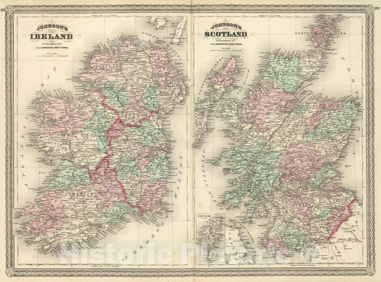 Historic Map : Johnson's Ireland. Published by A. J. Johnson, New York. Johnson's Scotland. Published by A. J. Johnson, New York. 91. 92, 1874 Atlas - Vintage Wall Art