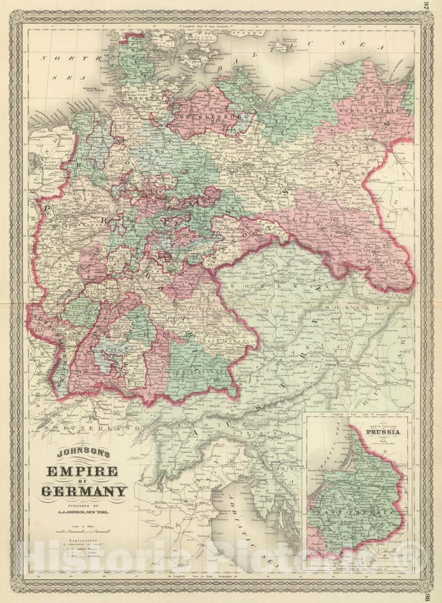 Historic Map : Johnson's Empire of Germany. Published by A. J. Johnson, New York. Johnson's Switzerland. Published by A. J. Johnson, New York. 97. 98, 1874 Atlas - Vintage Wall Art