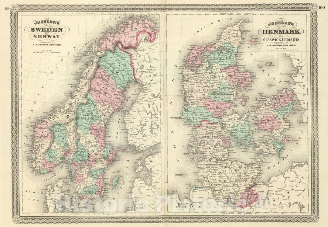 Historical Map : Johnson's Sweden and Norway. Published by A. J. Johnson, New York. Johnson's Denmark with Sleswick & Holstein. Published by A. J. Johnson, New York. 9, 1874Vintage Wall Art