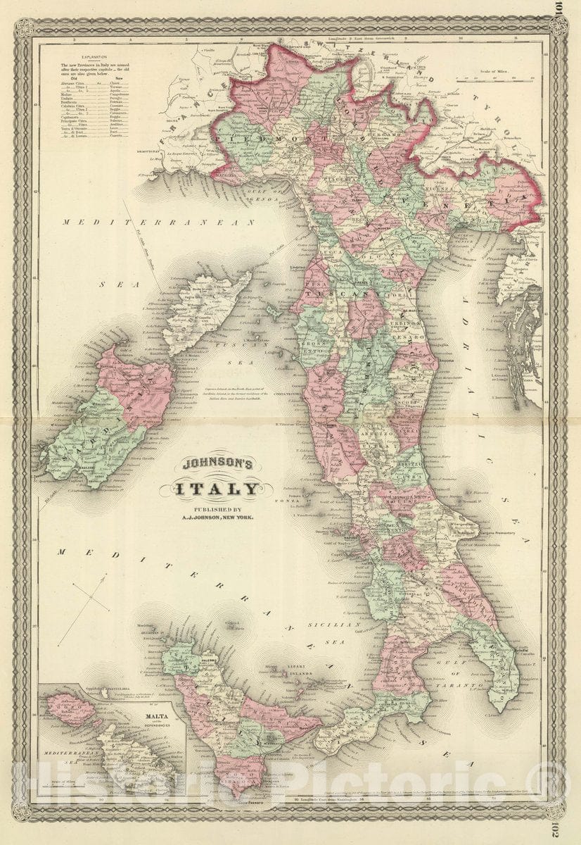 Historic Map : 1874 Johnson's Italy. Published by A. J. Johnson, New York. 101. 102. - Vintage Wall Art