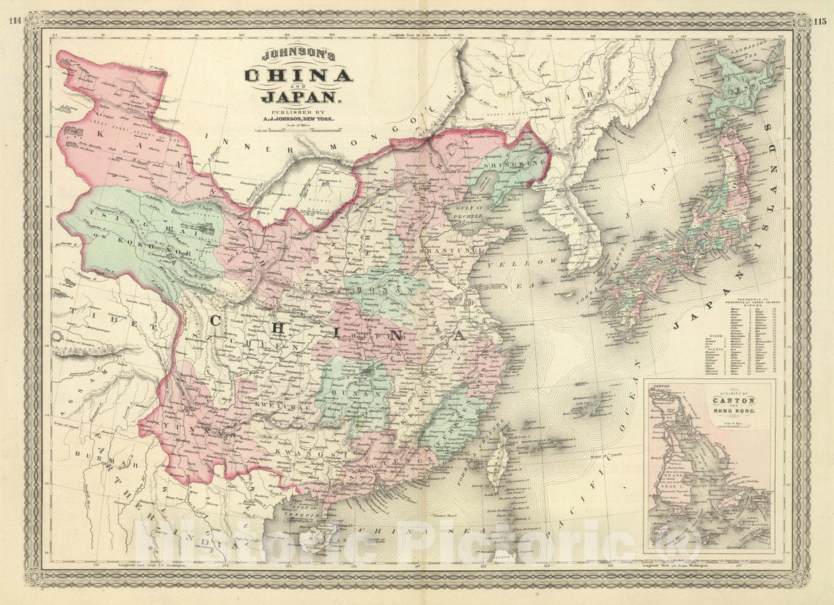 Historic Map : Johnson's China and Japan Published by A. J. Johnson, New York. 114. 115, 1874 Atlas - Vintage Wall Art