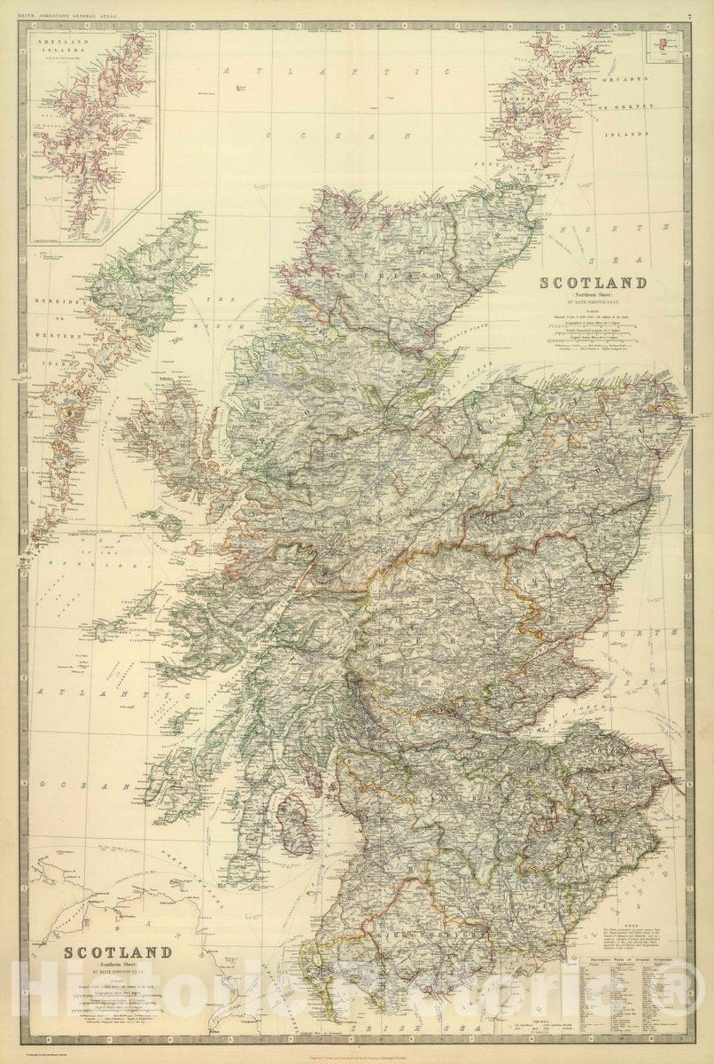 Historic Wall Map : Scotland. By Keith Johnston, 1879 Vintage Wall Art