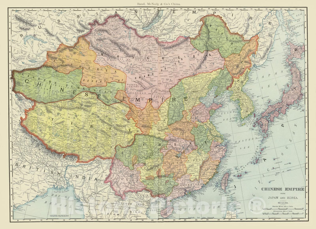 Historic Map - Rand, McNally & Co.'s China. Chinese Empire with Japan and Korea, 1903 Atlas - Vintage Wall Art