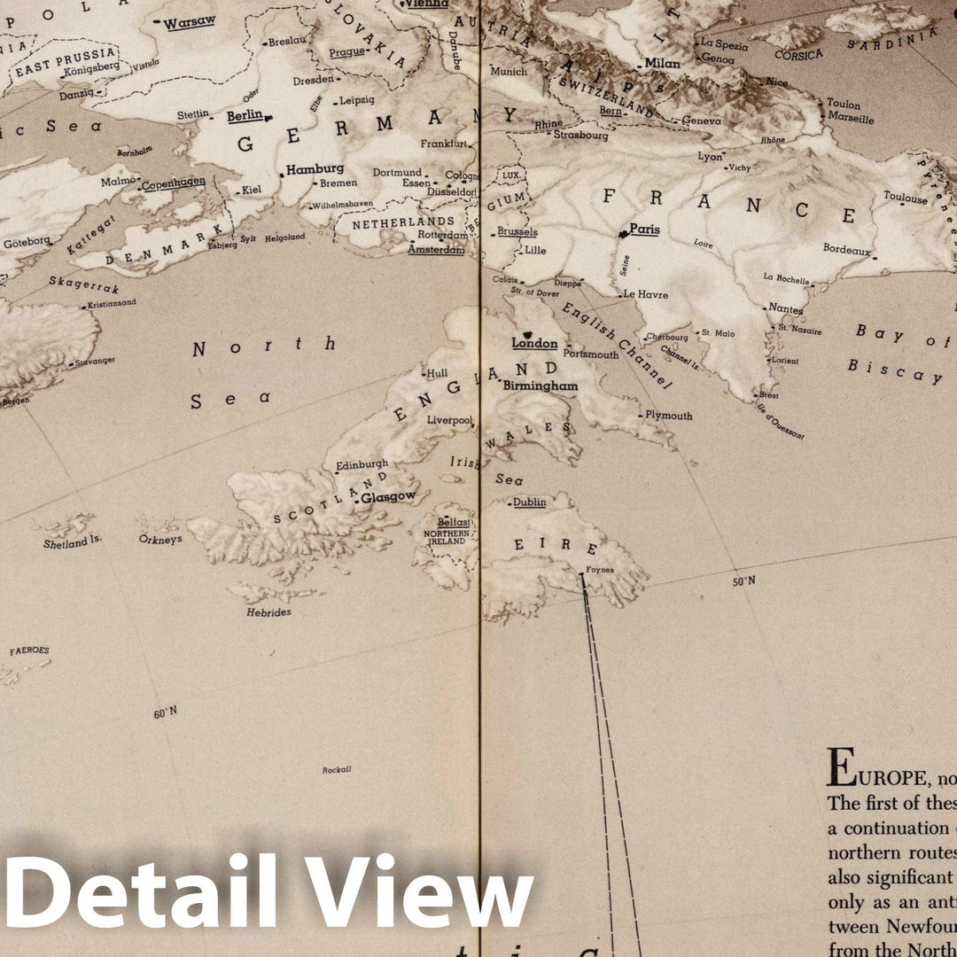 Historic Map : Europe from The Northwest. (Drawn by) Richard Edes Harrison 1940. Look at The World: The Fortune Atlas for World Strategy, 1944 Vintage Wall Art