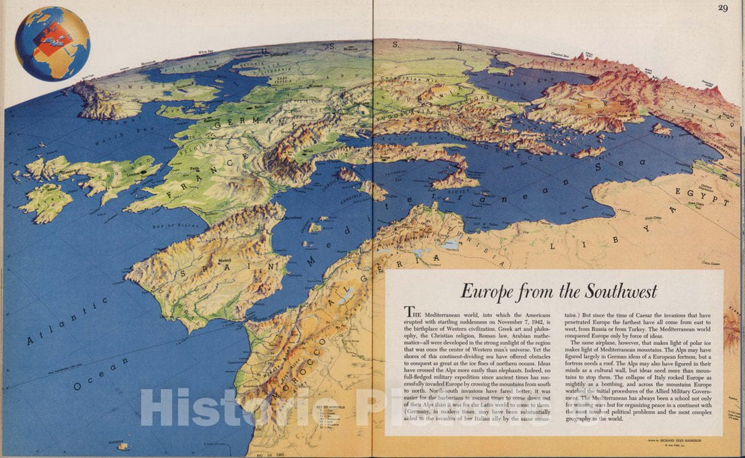 Historic Wall Map : Europe from The Southwest. Drawn by Richard Edes Harrison, 1944