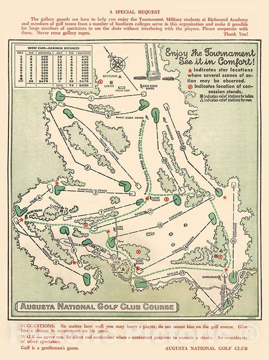 Historic Golf Course Map - Augusta National Golf Club Course, 1954 - Vintage Wall Art