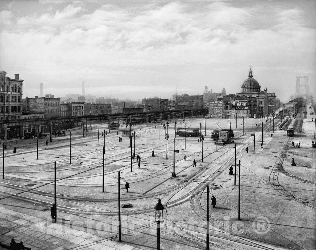 Brooklyn Historic Black & White Photo, The Williamsburgh Bridge Plaza, c1906 -