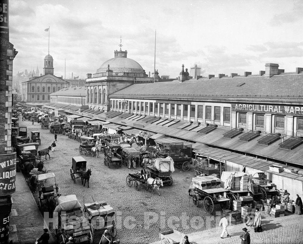 Boston Historic Black & White Photo, Quincy Market, Boston, Mass, c1904 -