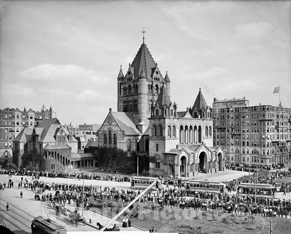 Boston Historic Black & White Photo, Crowd Gathered at Trinity Church, c1903 -