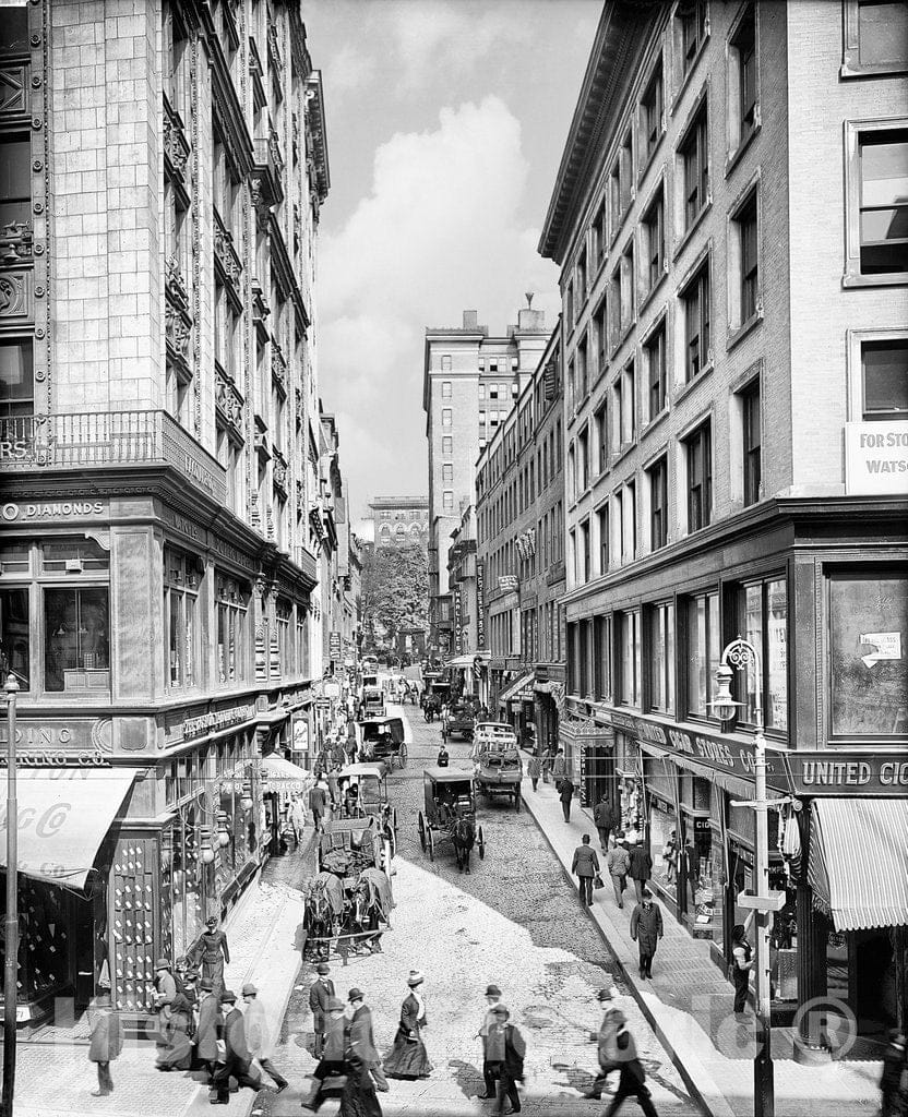 Boston Historic Black & White Photo, Looking Down Bromfield Street, c1904 -