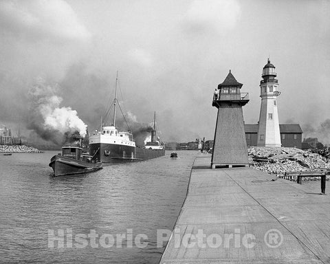 Historic Black & White Photo - Buffalo, New York - Tug Cornell and Buffalo Main Light, c1907 -
