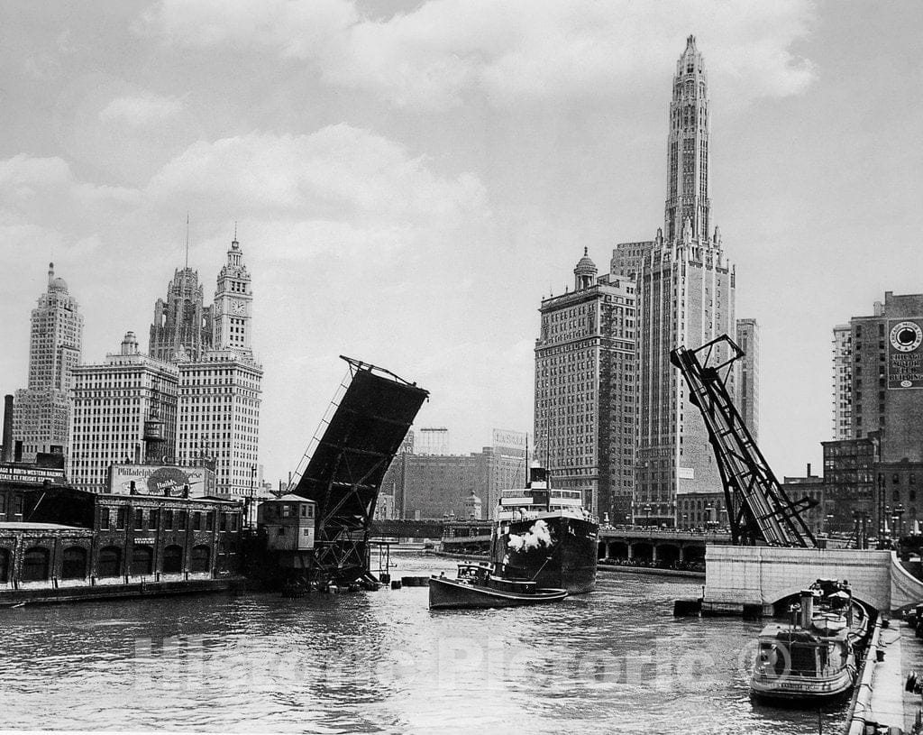 Chicago Historic Black & White Photo, Towing a Steamer Through the Chicago River, c1904 -