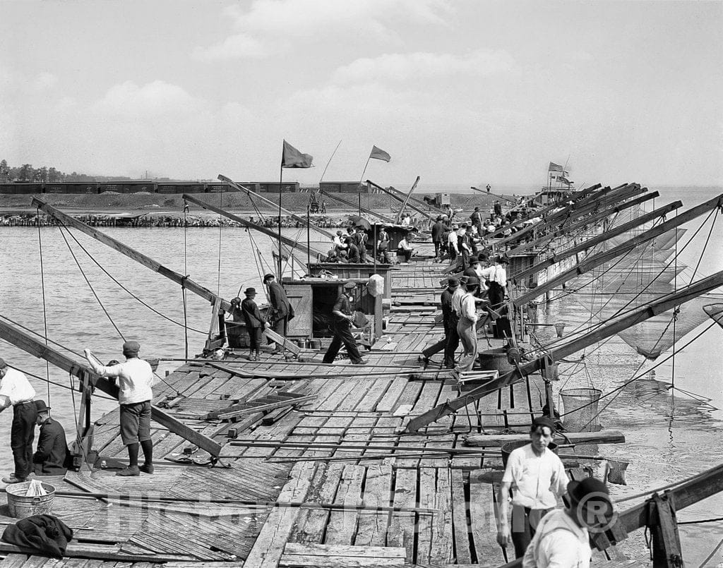 Chicago Historic Black & White Photo, Fishing off the Pier, c1904 -