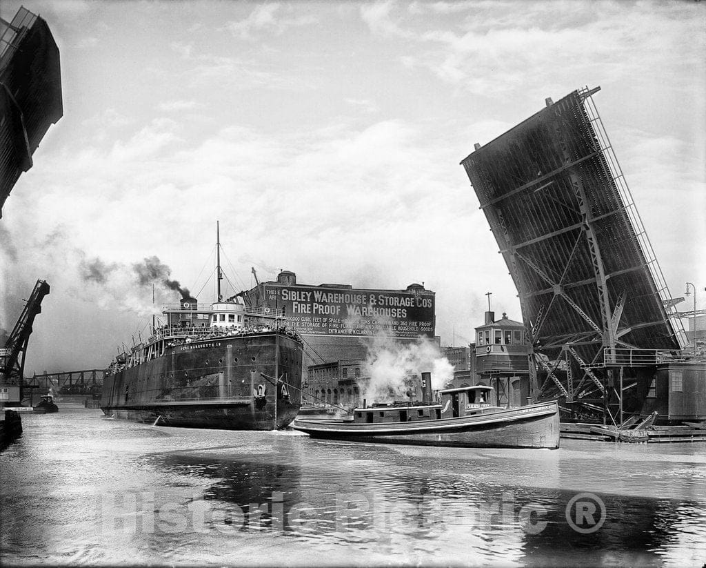 Chicago Historic Black & White Photo, Passing Beneath the Old State Street Bridge, c1905 -