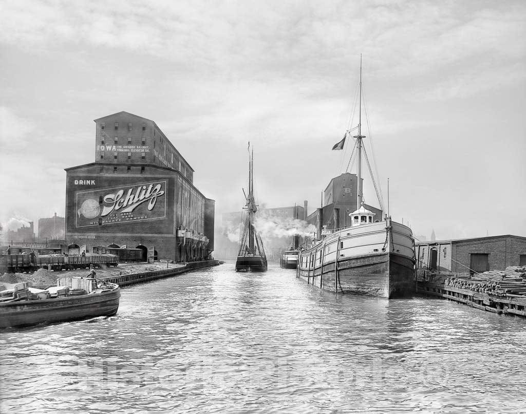 Historic Black & White Photo - Chicago, Illinois - Elevators on the Chicago River, c1900 -