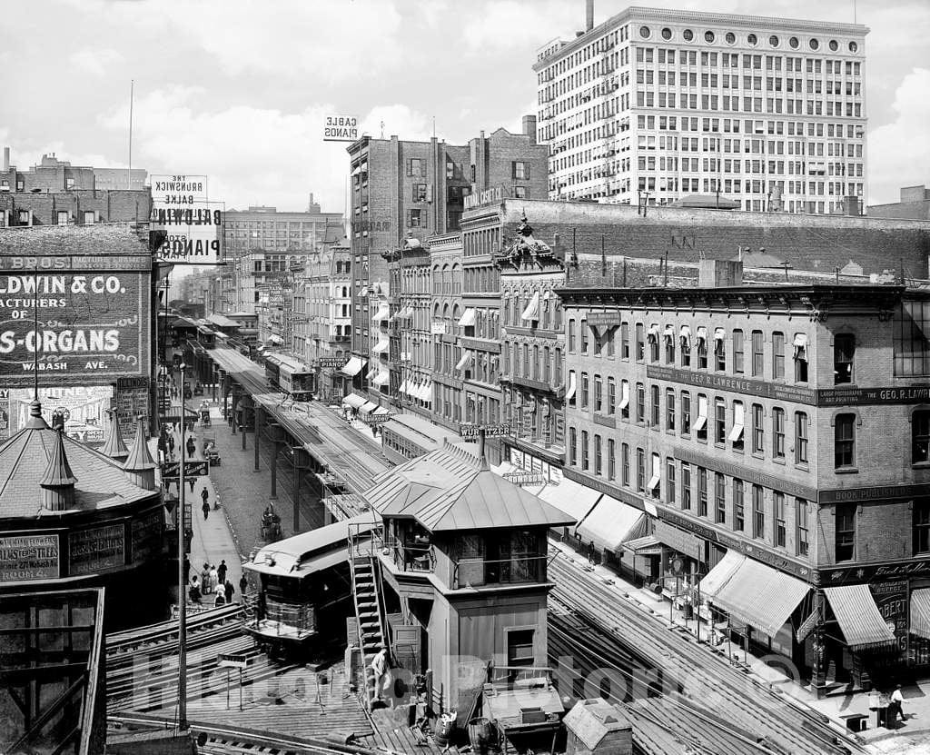 Historic Black & White Photo - Chicago, Illinois - The L Running Down Wabash Avenue, c1907 -