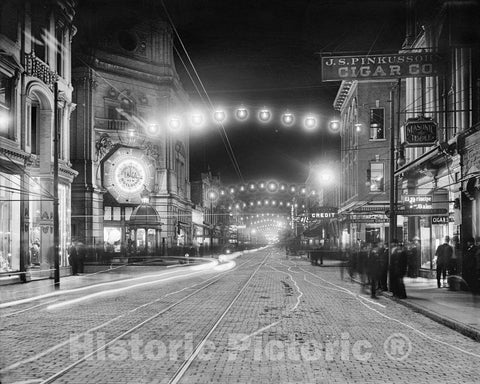 Historic Black & White Photo - Charleston, South Carolina - Nighttime on King Street, c1912 -