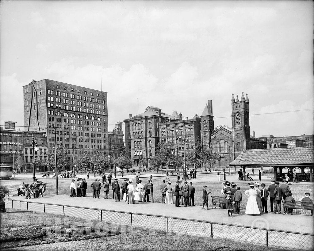 Cleveland Historic Black & White Photo, A Trolley Stop in Public Square, c1905 -