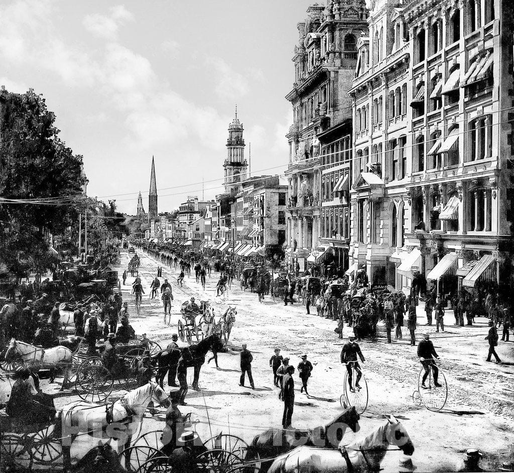 Connecticut Historic Black & White Photo, Bicycle Parade Down Main Street, Hartford, c1885 -