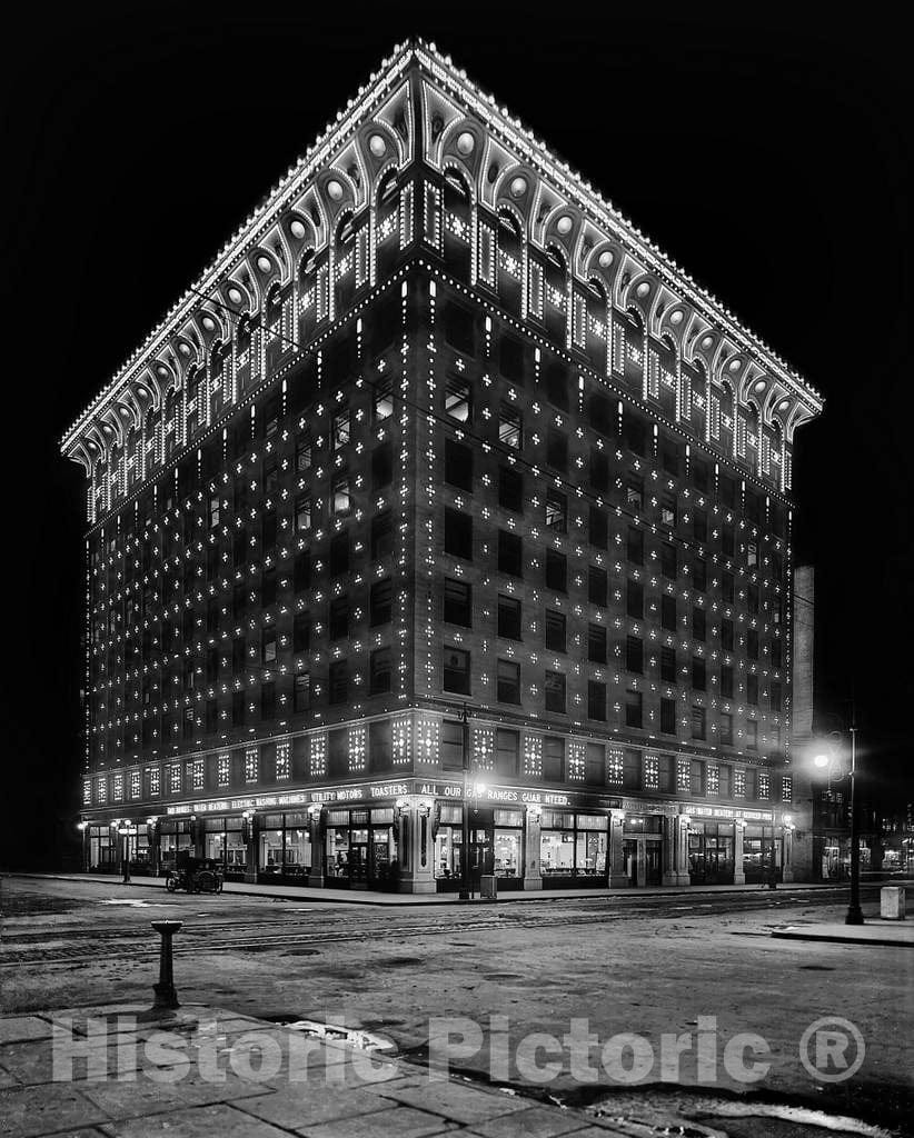 Historic Black & White Photo - Denver, Colorado - The Illuminated Denver Gas & Electric Building, c1915 -