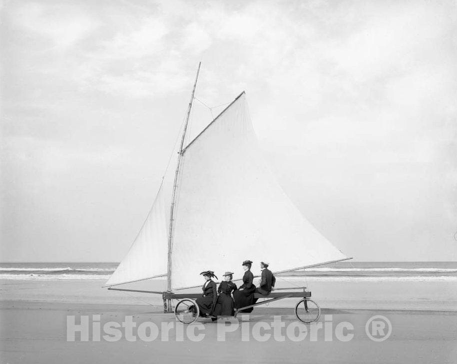 Historic Black & White Photo - Ormond Beach, Florida Shores - Land Sailing on Ormond Beach, c1903 -