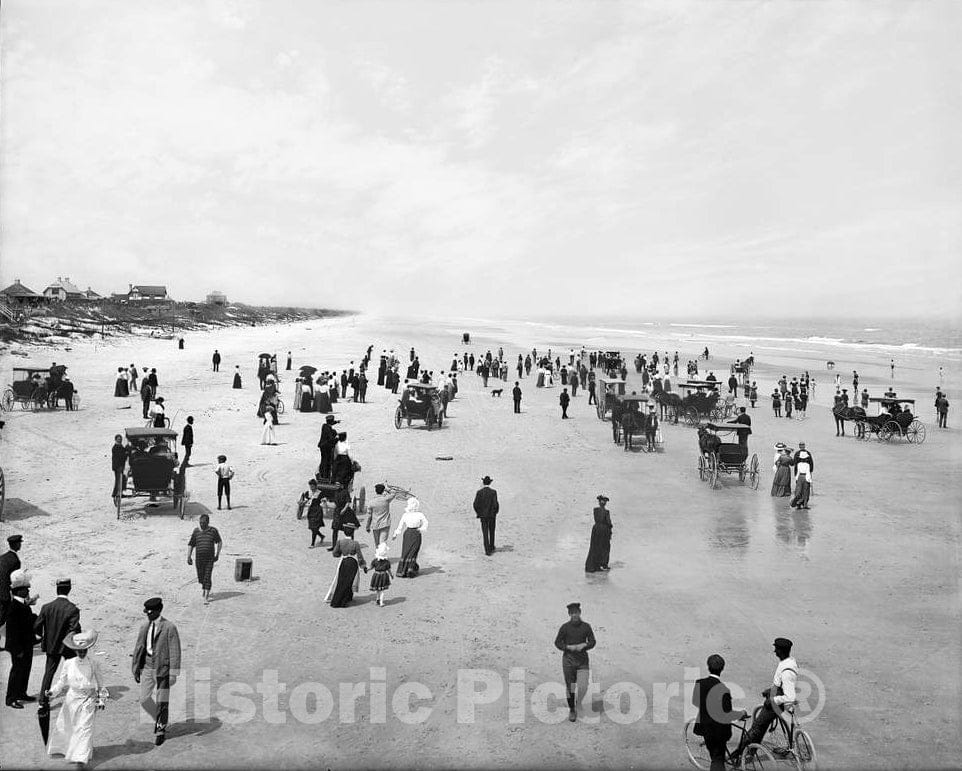 Historic Black & White Photo - Daytona Beach, Florida Shores - Riding Down Daytona Beach at Seabreeze, c1904 -