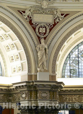 Photo - Main Reading Room. View of Statue of Religion by Theodore Baur on The Column Entablature Between Two alcoves. - Fine Art Photo Reporduction