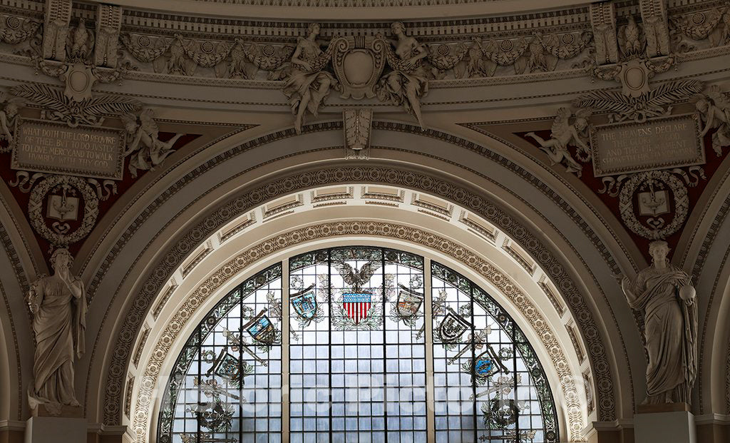 Photo - Main Reading Room. Semi-Circular Stained Glass Window in Alcove by H.T. Schladermundt with Statues of Religion and Science on Either Side- Fine Art Photo Reporduction