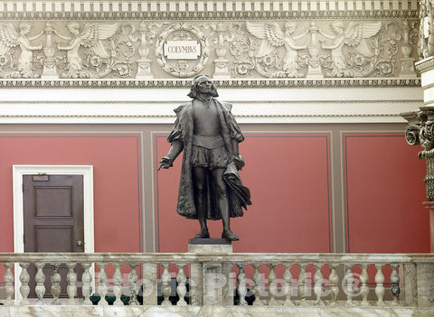 Photo - Main Reading Room. Portrait statue of Columbus along the balustrade. - Fine Art Photo Reporduction