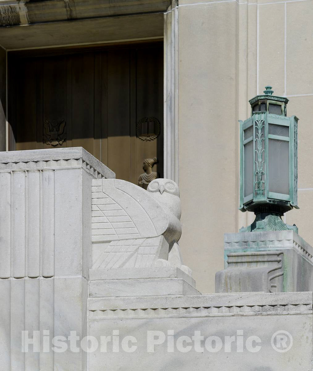 Photo- Exterior View. South Entrance (Independence Avenue), Sculpted Stairway with Stylized owl and Elaborate lamp. Library of Congress John Adams Building, Washington, D.C.