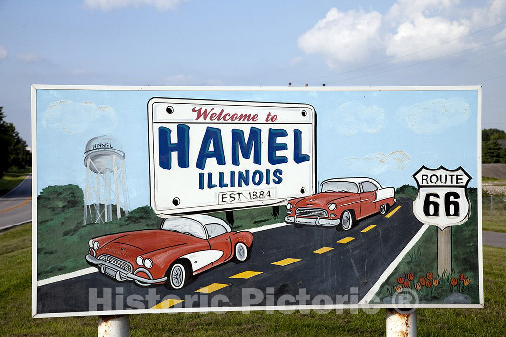 Hamel, IL Photo - Entrance Sign to Hamel, Illinois, Route 66