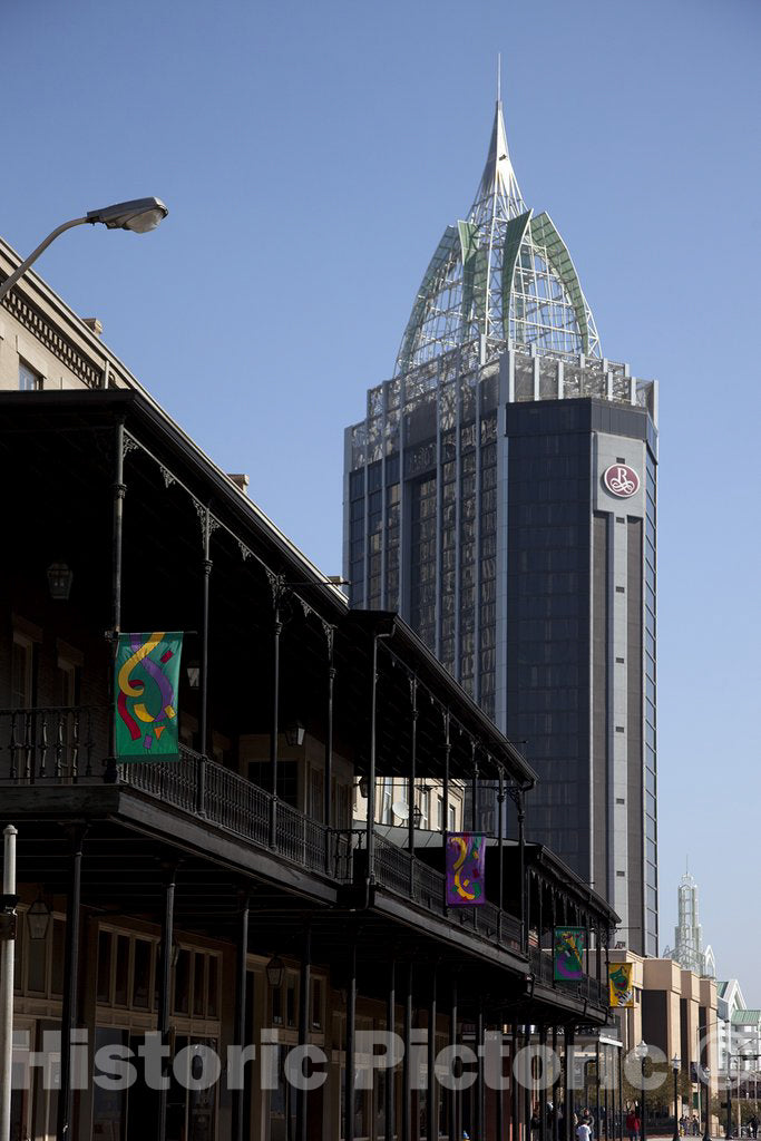 Mobile, AL Photo - Cast Iron on Dauphin Street juxtaposed with The Modern Renaissance Riverview Plaza Hotel high-Rise in Mobile, Alabama