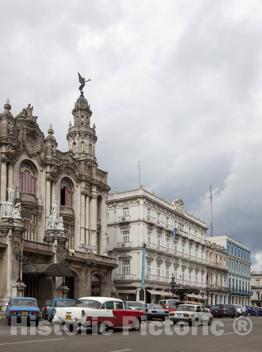 Photo - Vintage American car and Other Buildings on The del Prado, Palacio del Centro Gallego, Havana, Cuba- Fine Art Photo Reporduction