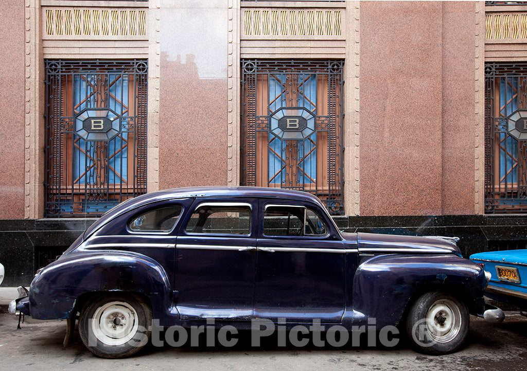 Photo - Vintage car Parked Next to The Barcardi Rum Building in Havana, Cuba- Fine Art Photo Reporduction