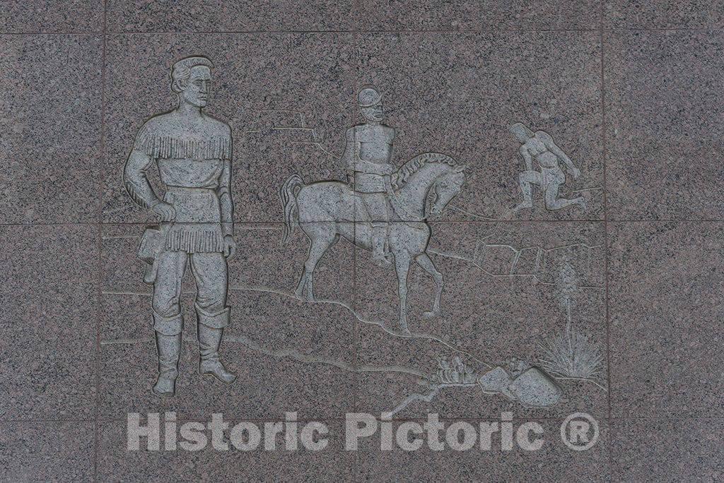 El Paso, TX Photo - Etched stone depicting several figures of three civilizations, on a building at 300 E. Main Street in El Paso, Texas