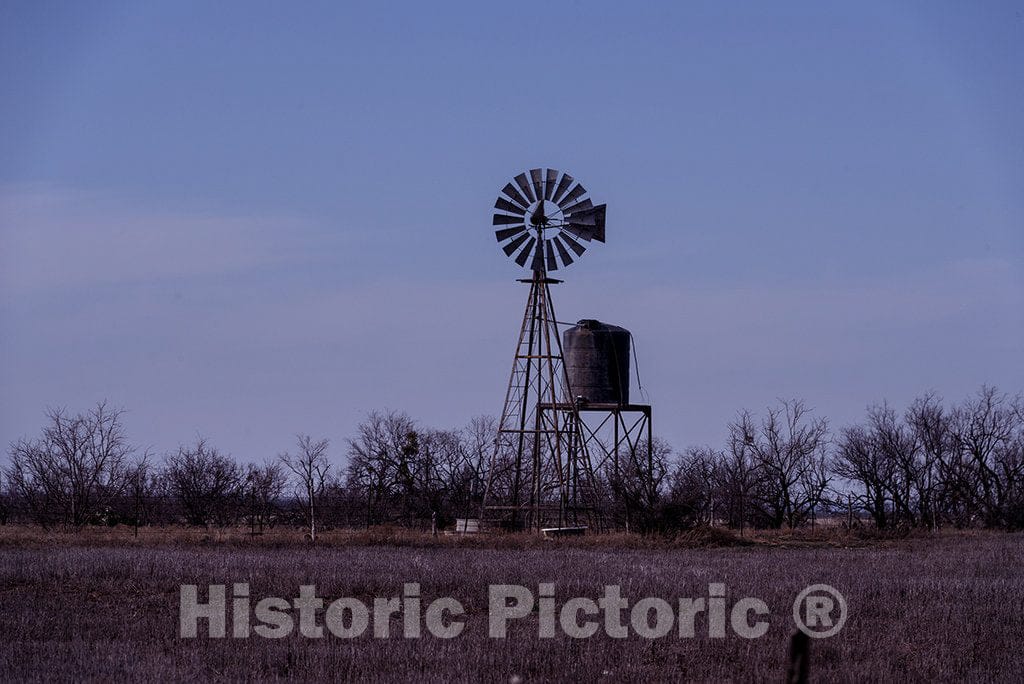 Abilene, TX Photo - Windmill and Water Tower at Dusk in Abilene, Texas