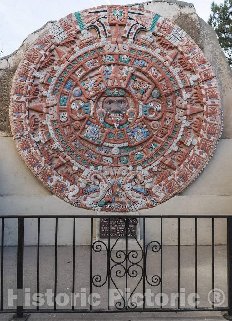 Photo- an Aztec Calendar in Aztec Calendar Park on Myrtle Avenue in Downtown El Paso, Texas. It is a Replica of The Original in The National Museum of Mexico in Mexico City