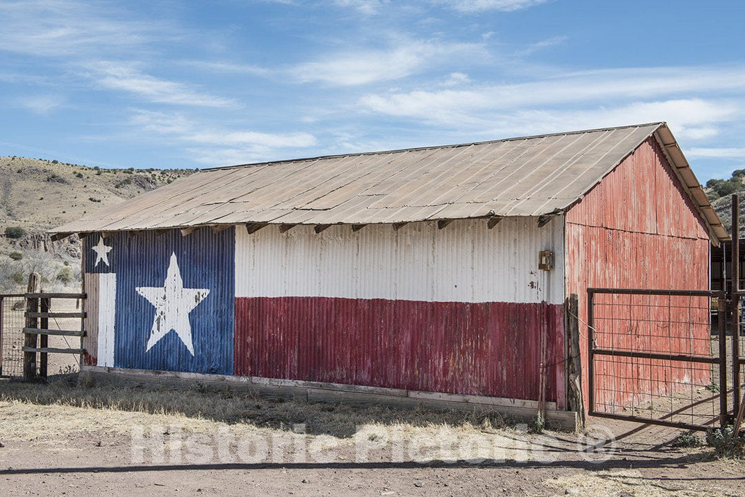 Jeff Davis County, TX Photo - Metal side of a barn, decorated with a painting of the Flag of Texas-