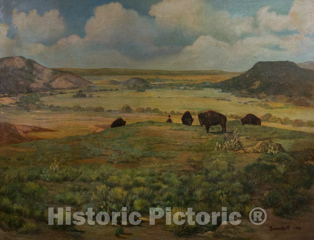 Photo- an Untitled 1932 Oil Painting by George Sanderson Bickerstaff, displayed at The Buffalo Gap Historic Village in The unincorporated Taylor County, Texas, Town of The Same Name