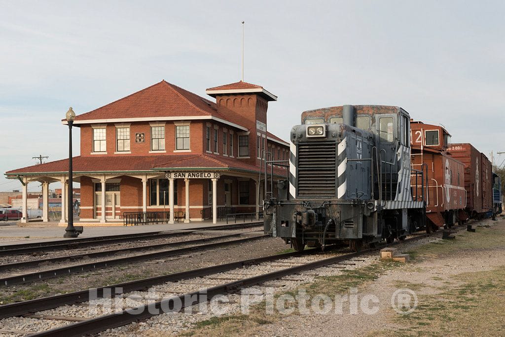 Photo - A Freight Engine and Cars Parked Beside The Old Santa Fe Railroad Station in San Angelo, The seat of Tom Green County, Texas- Fine Art Photo Reporduction