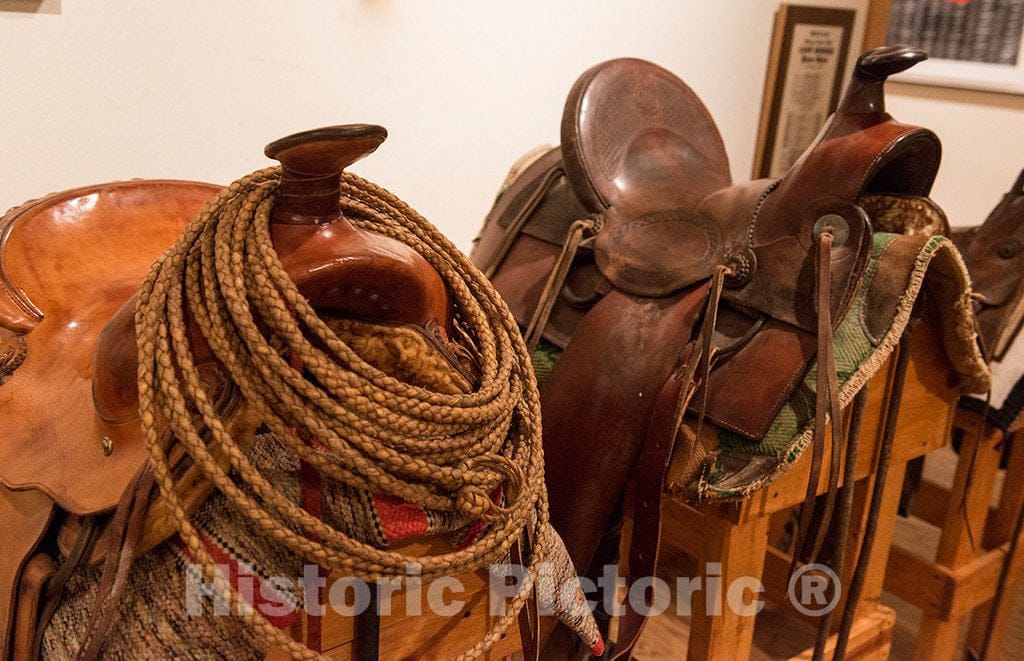 Photo - Saddles Belonging to Local Rancher Watt Reynolds, on Display at The Old Jail Art Center in Albany, Texas- Fine Art Photo Reporduction