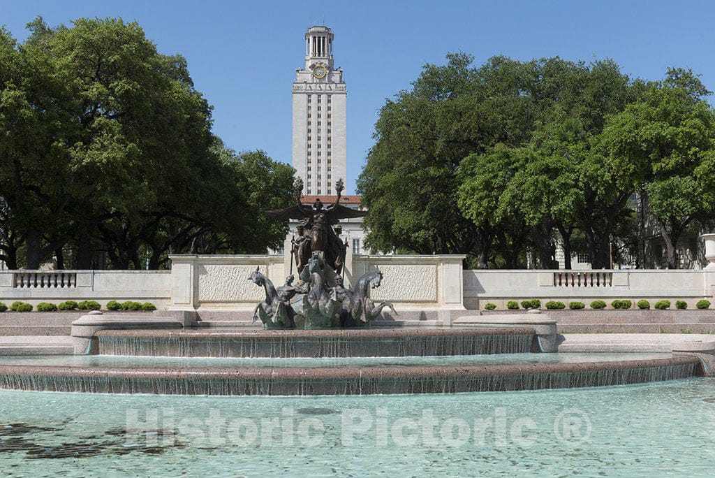 Austin, TX Photo - Littlefield Fountain at The University of Texas at Austin, with The Historic University of Texas Tower in The Distance