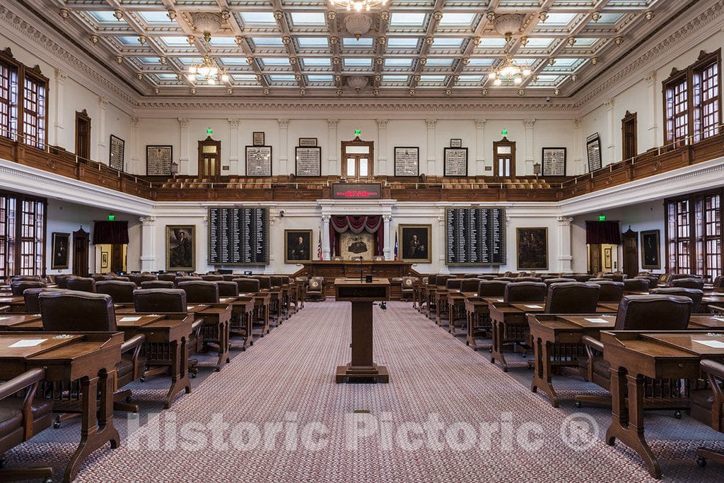 Austin, TX Photo - The House of Representatives Chamber in The Texas Capitol, Austin, Texas. Behind The Speaker's Desk Hangs an Original Flag from The 1836 Battle of San Jacinto -