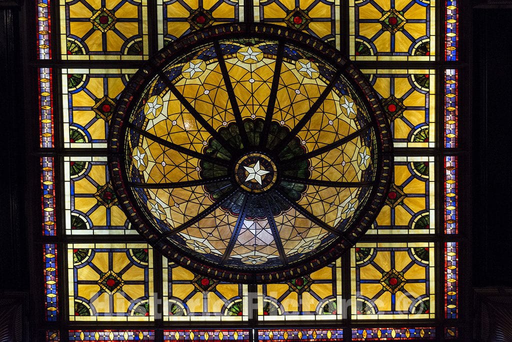 Austin, TX Photo - Ornate Interior Skylight Inside Historic Driskill Hotel in Downtown Austin, Texas (Note The Texas Lone Star as its centerpoint)