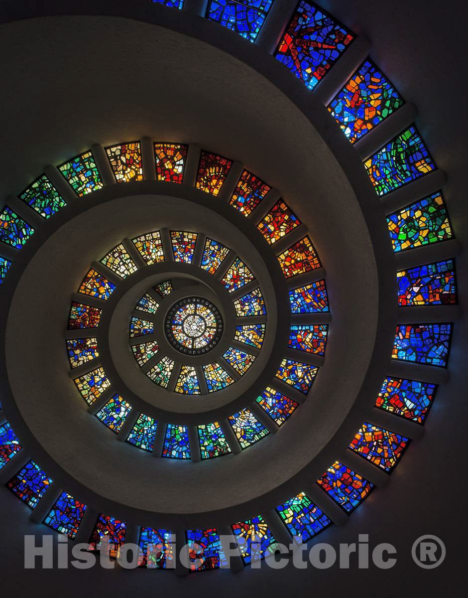 Photo- The Glory Window Inside The Public, Spiral-Shaped Chapel in Thanks-Giving Square (Technically Triangular), Designed by Architect Philip Johnson in Downtown Dallas, Texas