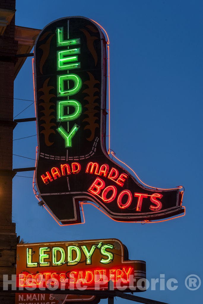 Fort Worth, TX Photo - Neon sign for the Leddy's boot company in the Stockyards District of Fort Worth, Texas